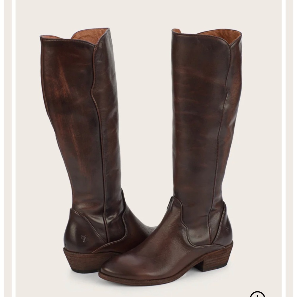 Women’s Frye leather boots, “Carson Piping Tall” in dark brown with wide leg